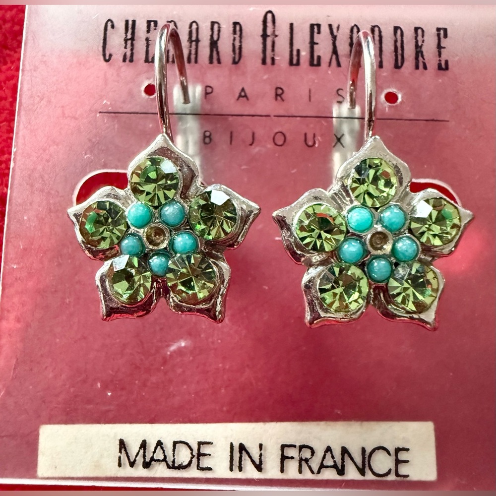New CHENARD ALEXANDRE PARIS Green Crystals with Blue Beads Floral Earrings